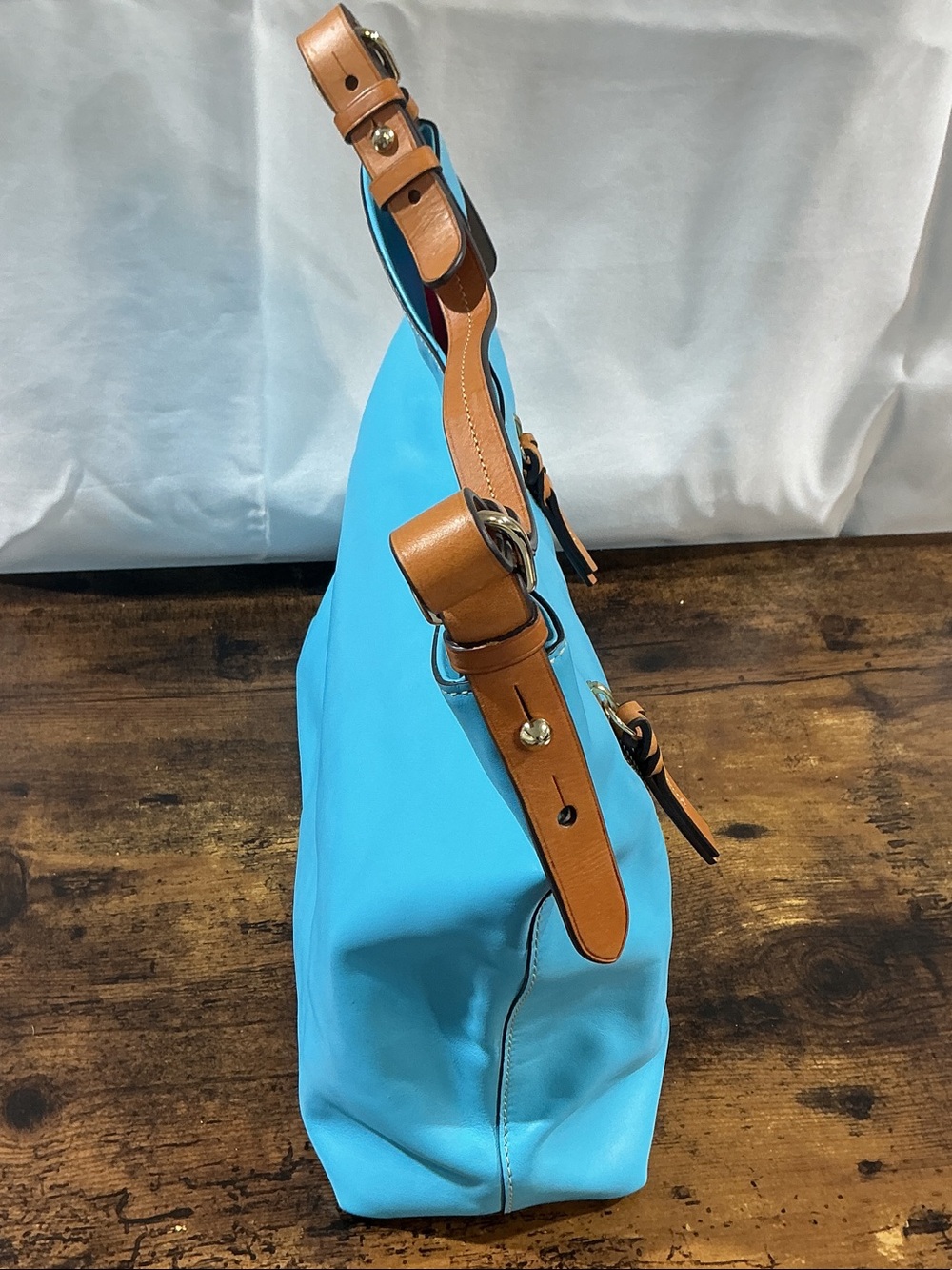 Dooney & Bourke Turquoise Nylon Shoulder Bag with Tan Leather Accents - Picture 5 of 16